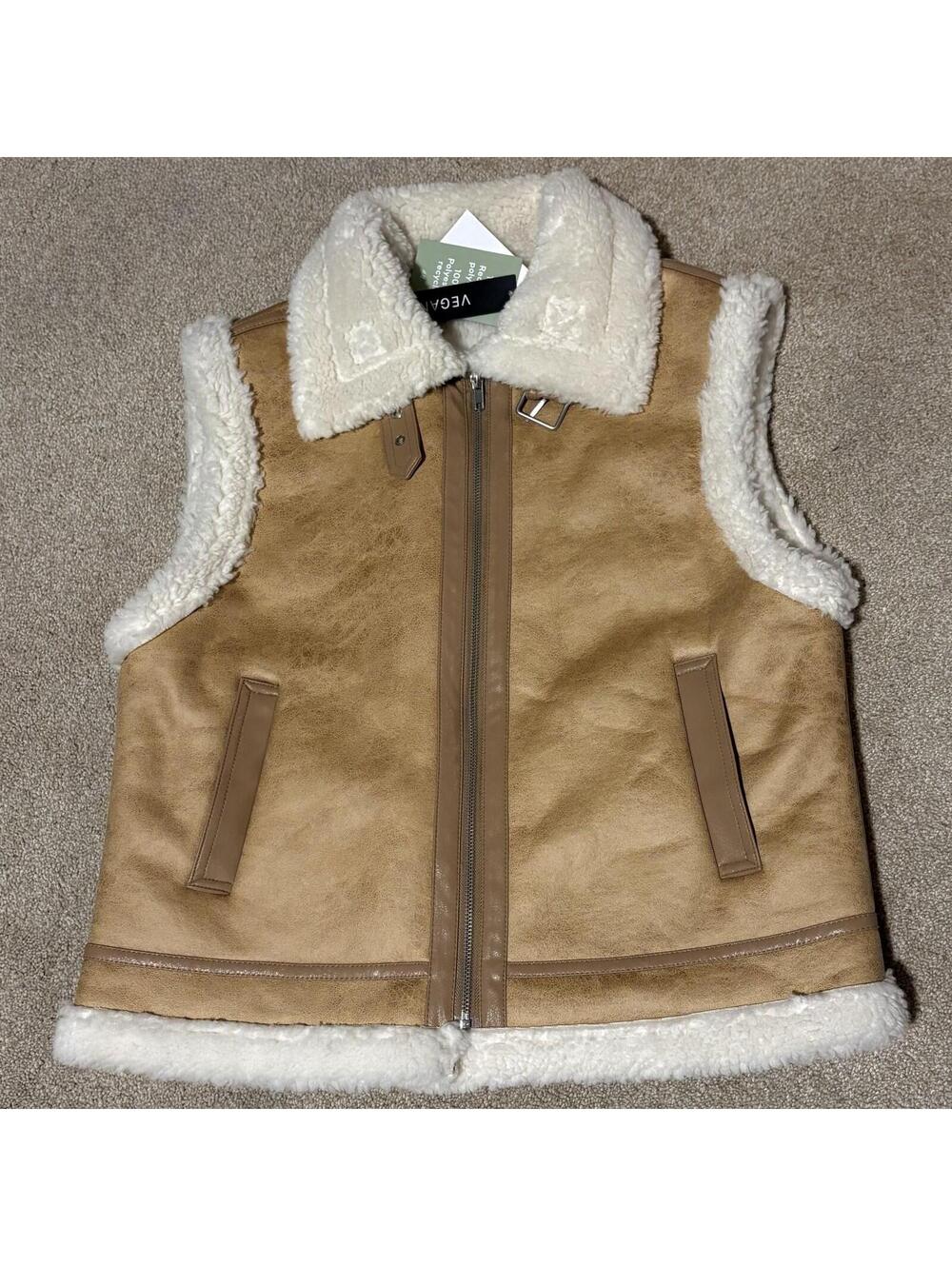 NWT H&M Faux Leather Shearling Zip Vest Tan Cream Sherpa Lined Bomber, Sz S